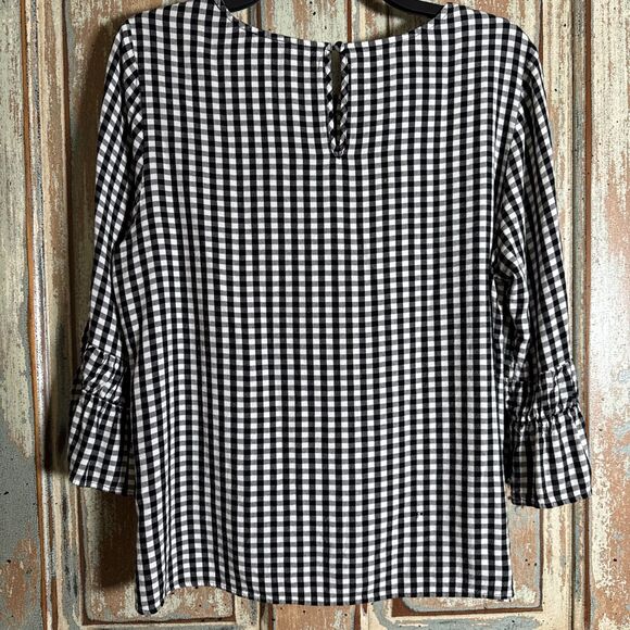 Daniel Rainn Black Gingham Womens L 3/4 Sleeve Blouse Ruffle Flared Cuffs - Picture 6 of 9